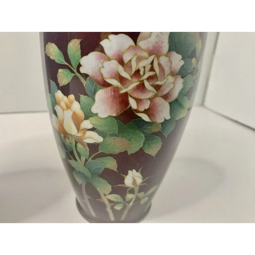 Japanese Pigeon Blood Red Cloisonné Floral‎ Vase 7.5